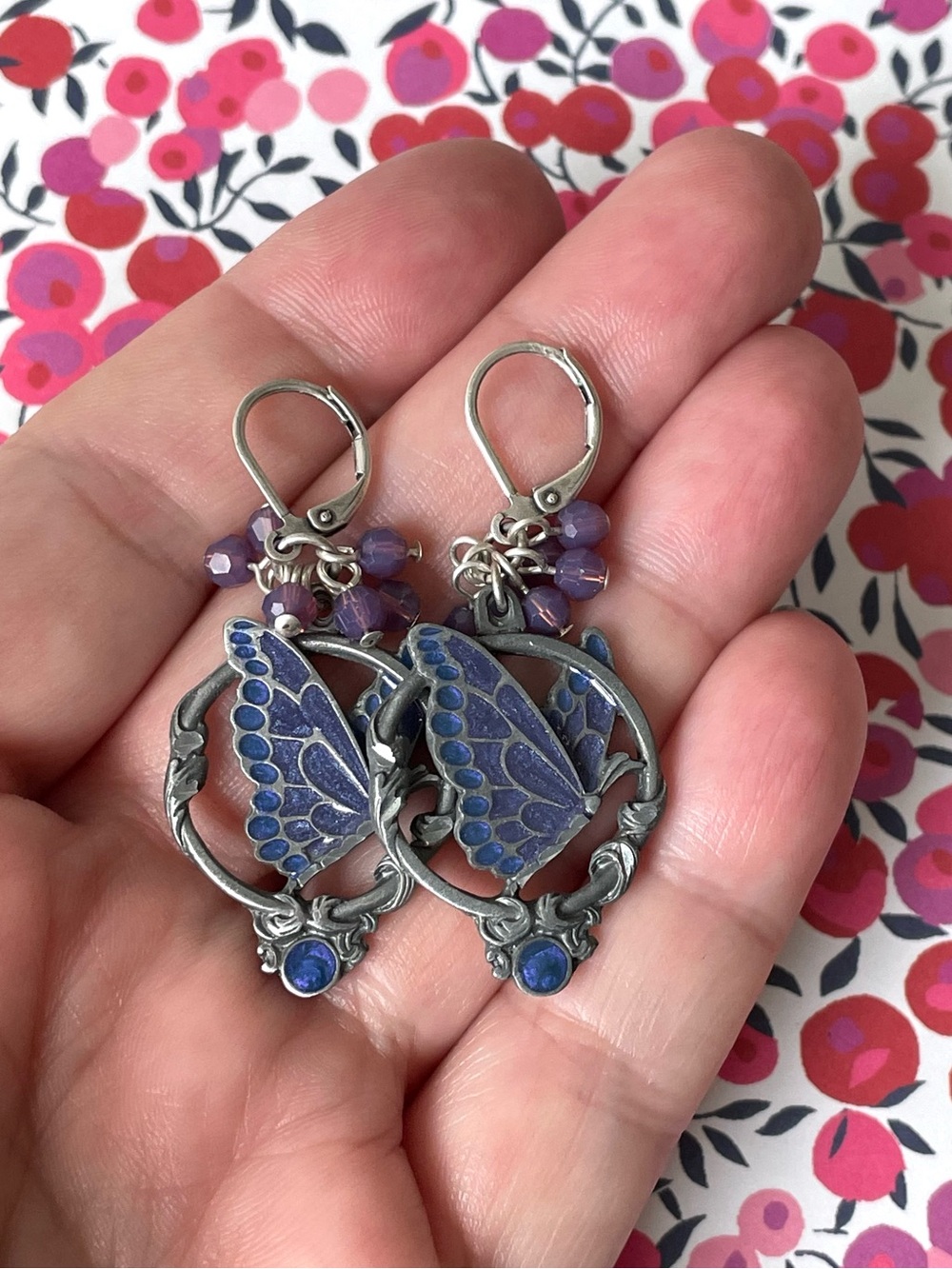 Vintage fairycore pewtertone & enamel butterfly earrings w/ crystals